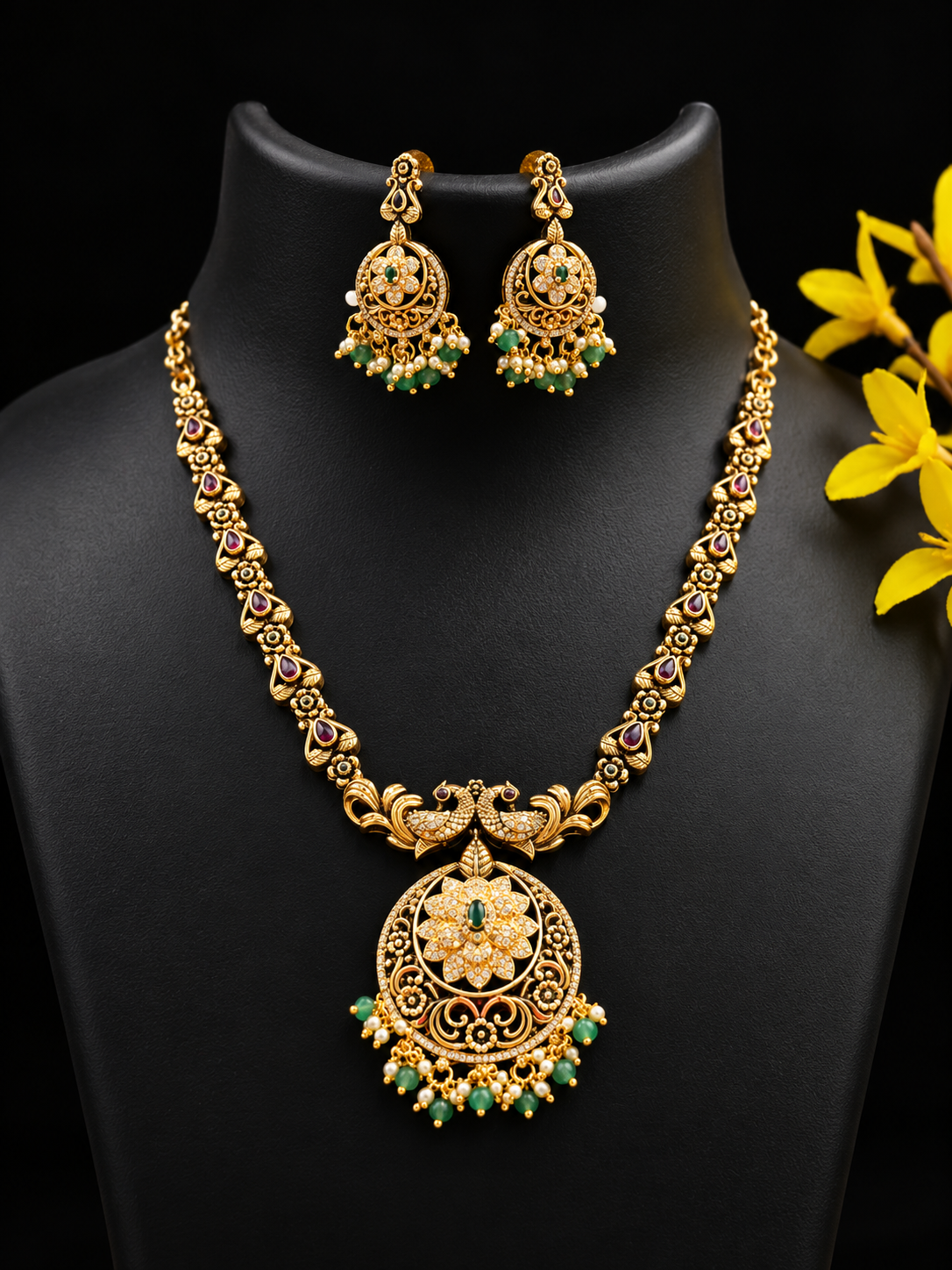 Antique Finish CZ Necklace Set with Pendant